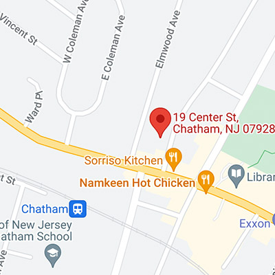 Map view of 19 Center St, Chatham NJ 07928 office location.